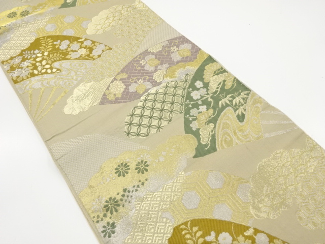 JAPANESE KIMONO / ANTIQUE FUKURO OBI / WOVEN FAN & SHOCHIKUBAI